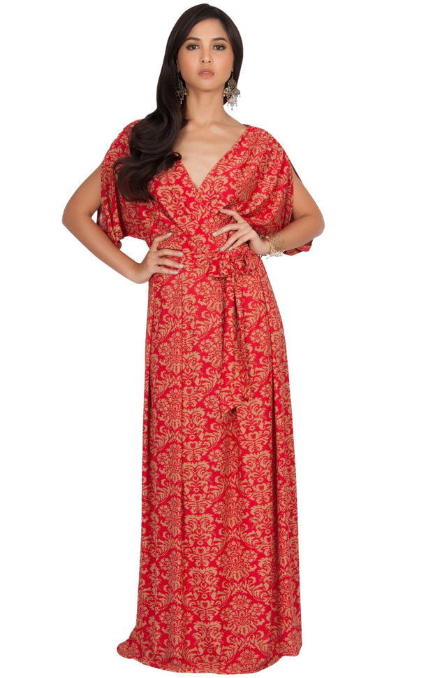 MIRA - Short Batwing Split Sleeve Maxi Dress Print Boho - Red & Beige / 2X Large
