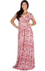 MOANA - Short Sleeve Boho Summer Formal Maxi Dress - Crimson Red & White / 2X Large
