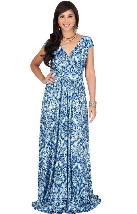 MOANA - Short Sleeve Boho Summer Formal Maxi Dress - Navy Blue & White / 2X Large