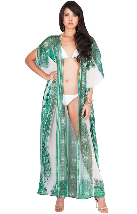 MONIQUE - Sexy Long Kaftan Short Sleeve Wrap Maxi Dress - Green / Large