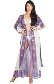 MONIQUE - Sexy Long Kaftan Short Sleeve Wrap Maxi Dress - Purple / Large
