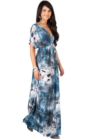 MYRA - Floral Print Summer Flowy Gown Caribbean Long Maxi Dress - Blue Gray / 2X Large