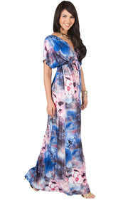 MYRA - Floral Print Summer Flowy Gown Caribbean Long Maxi Dress - Cobalt / Royal Blue / 2X Large