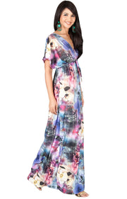 MYRA - Floral Print Summer Flowy Gown Caribbean Long Maxi Dress - Hot Fuchsia Pink / 2X Large
