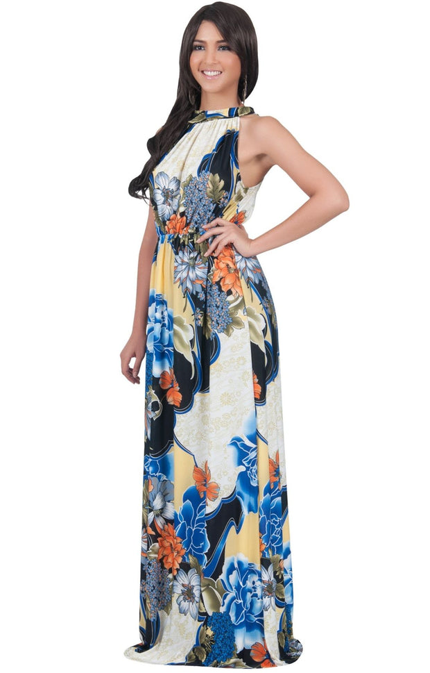 NATALIE - Sleeveless Long Floral Print Halter Neck Sundress Maxi Dress