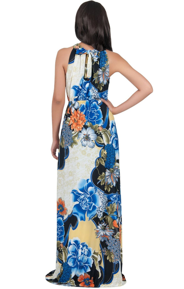 NATALIE - Sleeveless Long Floral Print Halter Neck Sundress Maxi Dress