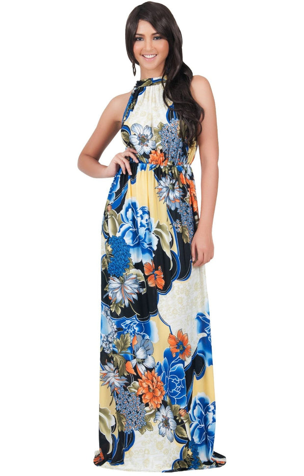 NATALIE - Sleeveless Long Floral Print Halter Neck Sundress Maxi Dress - Blue & Black & White / Extra Large