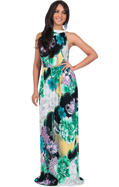 NATALIE - Sleeveless Long Floral Print Halter Neck Sundress Maxi Dress - Green & Black & White / Extra Large