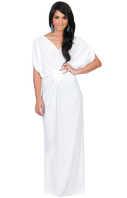 NICOLE - Elegant Grecian VNeck Cocktail Long Maxi Dress - Ivory White / 2X Large