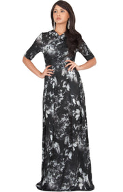 NIGELLA - Short Sleeve Summer Floral Print Maxi Dress - Black & Gray / 2X Large
