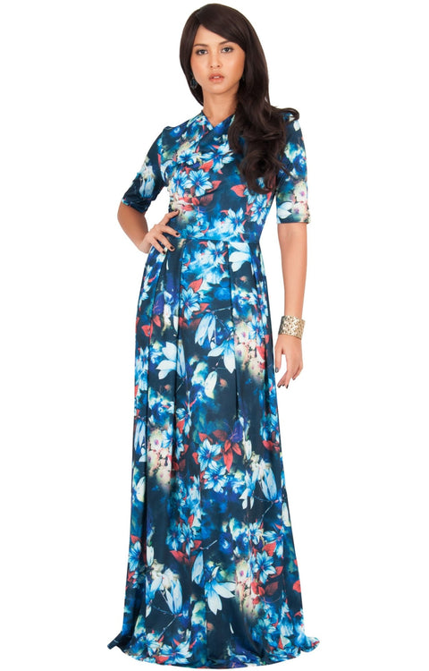 NIGELLA - Short Sleeve Summer Floral Print Maxi Dress - Blue & Green / 2X Large
