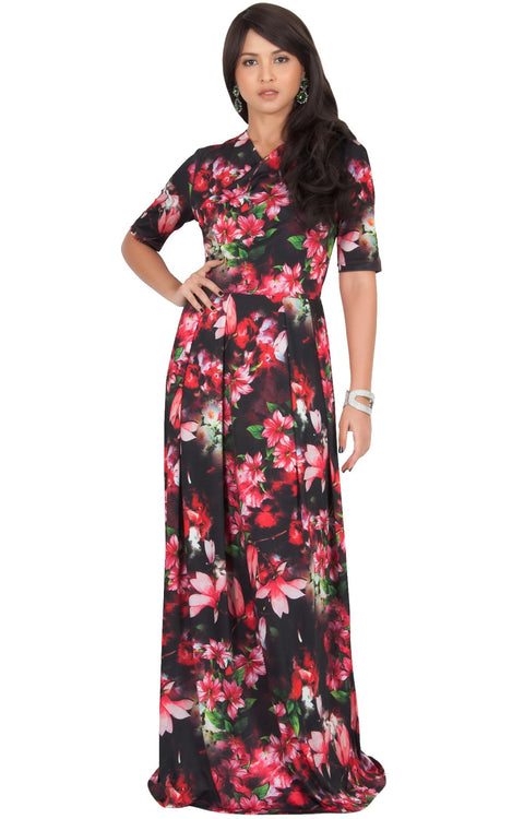 NIGELLA - Short Sleeve Summer Floral Print Maxi Dress - Red & Black / 2X Large