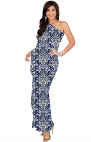 ODETTE - Long One Shoulder Cape Sleeve Damask Print Tube Maxi Dress - Navy Blue / Extra Small - Dresses