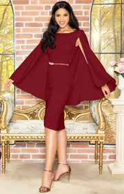OPAL - Sleeveless Modest Knee Length Cloak Cape Evening Cute Midi Dress - Crimson Dark Red / 2X Large