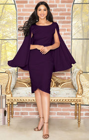 OPAL - Sleeveless Modest Knee Length Cloak Cape Evening Cute Midi Dress - Purple / 2X Large