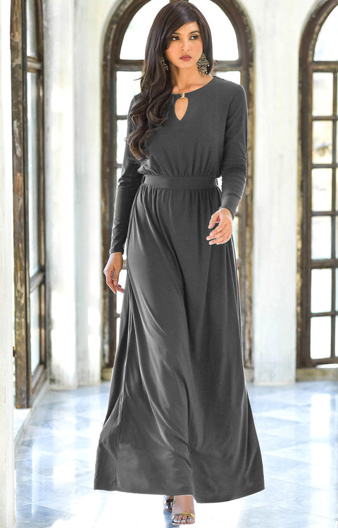 PAMELA - Winter Fall Long Sleeved Maxi Dresses for Women Modest Warm - Dark Gray Grey / 2X Large