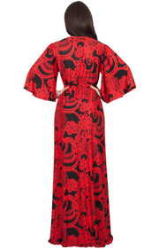 PAULINE - Elegant Long Kimono Sleeve V- Neck Printed Maxi Dress