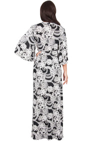 PAULINE - Elegant Long Kimono Sleeve V- Neck Printed Maxi Dress