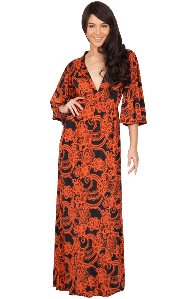 PAULINE - Elegant Long Kimono Sleeve V- Neck Printed Maxi Dress - Black & Orange / 2X Large