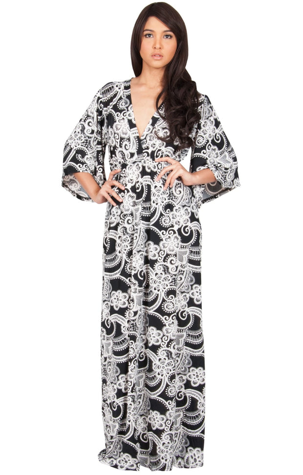 PAULINE - Elegant Long Kimono Sleeve V- Neck Printed Maxi Dress - Black & White / 2X Large