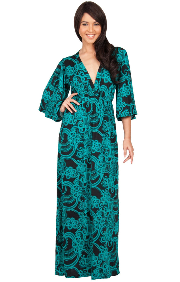 PAULINE - Elegant Long Kimono Sleeve V- Neck Printed Maxi Dress - Green & Black / 2X Large