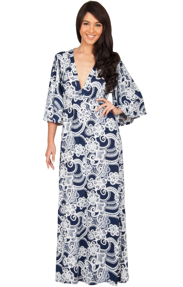 PAULINE - Elegant Long Kimono Sleeve V- Neck Printed Maxi Dress - Navy Blue & White / 3X Large