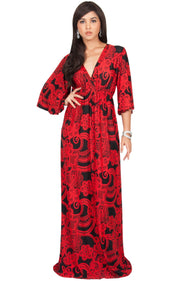 PAULINE - Elegant Long Kimono Sleeve V- Neck Printed Maxi Dress - Red & Black / 2X Large