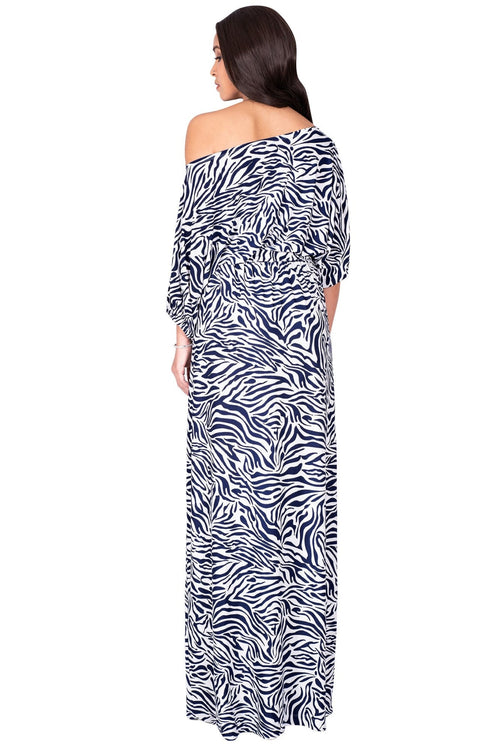 PAYTON - Long Off One Shoulder 3/4 Sleeve Animal Print Maxi Dress Gown