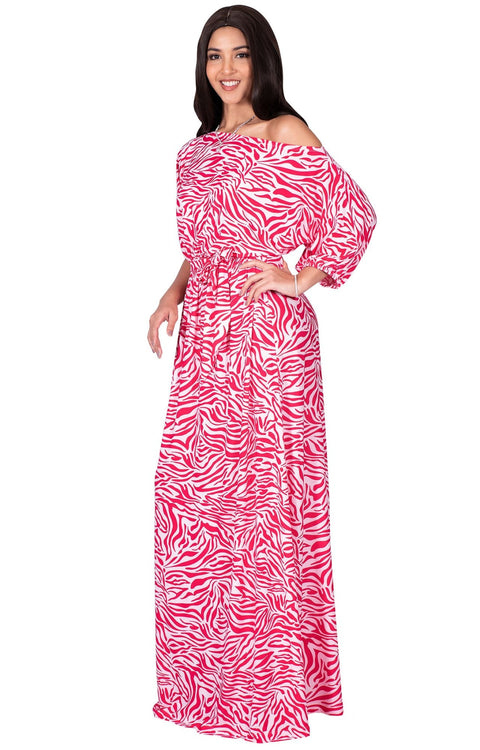 PAYTON - Long Off One Shoulder 3/4 Sleeve Animal Print Maxi Dress Gown - Pink & White / Small