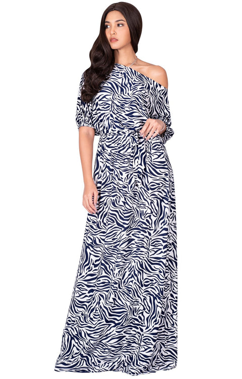 PAYTON - Long Off One Shoulder 3/4 Sleeve Animal Print Maxi Dress Gown - White & Navy Blue / Small