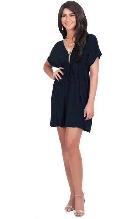 PEARL- Kimono Sleeve Casual Cover Up Party Summer Sundress Mini Dress - Dark Navy Blue / 2X Large