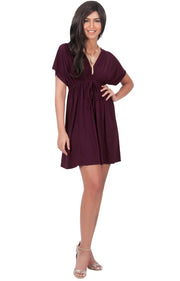 PEARL- Kimono Sleeve Casual Cover Up Party Summer Sundress Mini Dress - Maroon Wine Red / 2X Large