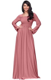 Penelope - Long Sleeve Casual Peasant Winter Fall Cute Maxi Dress Gown - Cinnamon Rose Pink