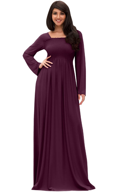 Penelope - Long Sleeve Casual Peasant Winter Fall Cute Maxi Dress Gown - Maroon Wine Red