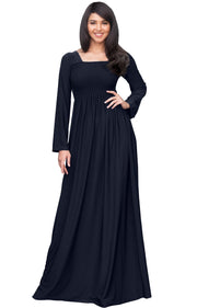 Penelope - Long Sleeve Casual Peasant Winter Fall Cute Maxi Dress Gown - Dark Navy Blue