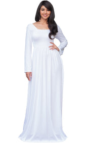 Penelope - Long Sleeve Casual Peasant Winter Fall Cute Maxi Dress Gown - Ivory White
