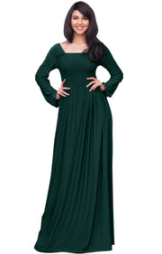 Penelope - Long Sleeve Casual Peasant Winter Fall Cute Maxi Dress Gown - Emerald Green