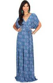 PEONY - Sexy Short Sleeve Cute Boho Print Maxi Dress - Cobalt / Royal Blue / 2X Large