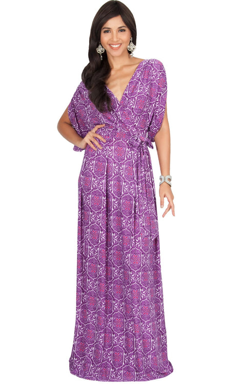 PEONY - Sexy Short Sleeve Cute Boho Print Maxi Dress - Purple / 2X Large