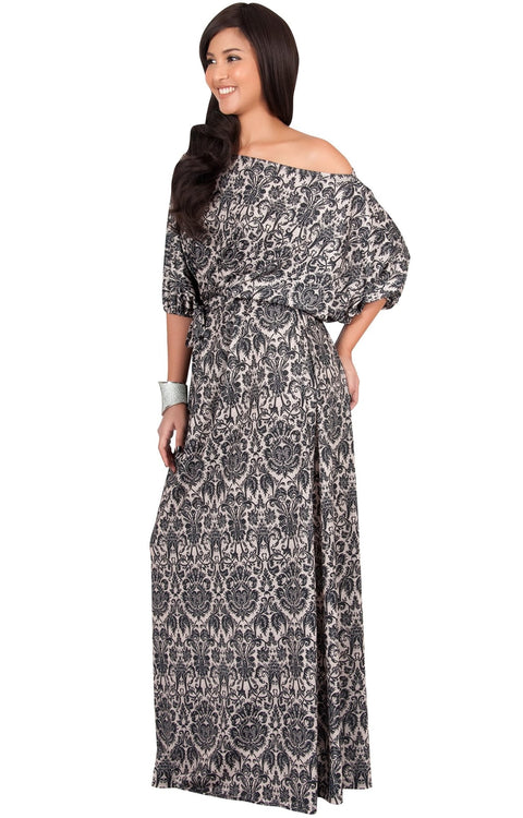 PETAL - Off Shoulder 3/4 Sleeve Bohemian Print Maxi Dress