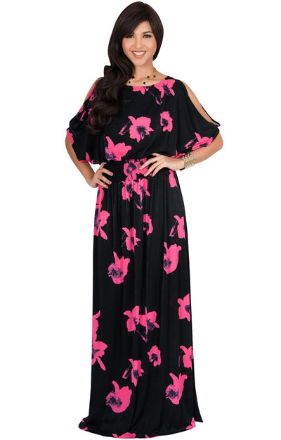 PETRA - Floral Print Split Sleeve Round Neck Maxi Dress - Black & Pink / 2X Large