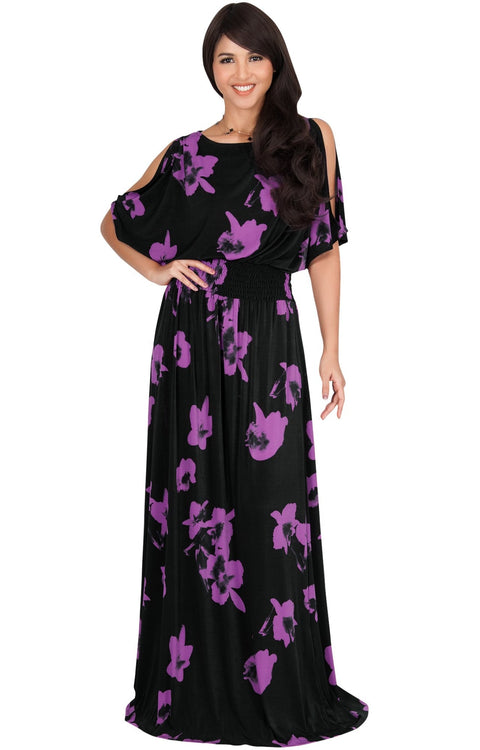 PETRA - Floral Print Split Sleeve Round Neck Maxi Dress - Black & Purple / Small