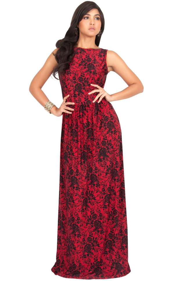 PRIMROSE - Long Spring Summer Flowy Floral Vacation Party Maxi Dress - Red & Black / 2X Large