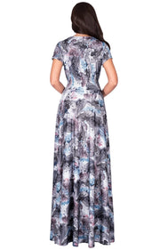 QUIN - Long Flowy Short Cap Sleeve Summer Floral Print Maxi Dress Gown