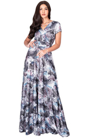 QUIN - Long Flowy Short Cap Sleeve Summer Floral Print Maxi Dress Gown