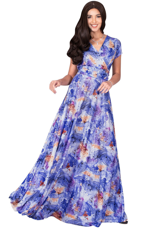 QUIN - Long Flowy Short Cap Sleeve Summer Floral Print Maxi Dress Gown - Royal Blue & White / Extra Small