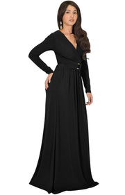 RAIVA - Long Sleeve Modest Flowy V-neck Fall Casual Maxi Dress Gown