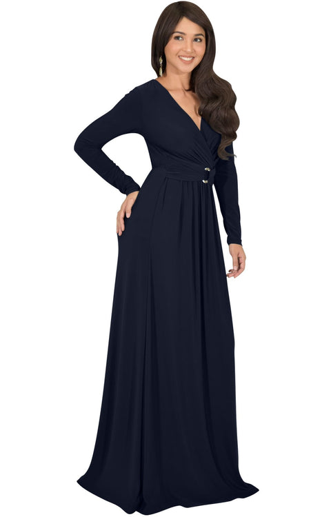 RAIVA - Long Sleeve Modest Flowy V-neck Fall Casual Maxi Dress Gown