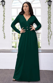 RAIVA - Long Sleeve Modest Flowy V-neck Fall Casual Maxi Dress Gown - Emerald Green / 2X Large