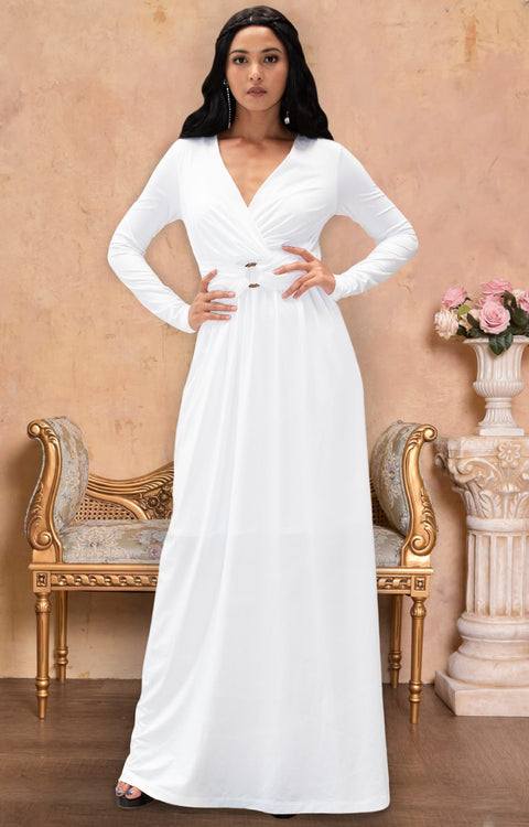 RAIVA - Long Sleeve Modest Flowy V-neck Fall Casual Maxi Dress Gown - Ivory White / 2X Large